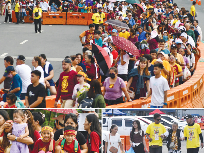 NAZARENO FAITHFUL. The young, bottom left photo, and old, bottom right photo, join thousands of devotees of the Black Nazarene yesterday for the traditional ‘pahalik’ of the feet of the image of Jesus Christ and the cross at the Quirino Grandstand. Norman Cruz